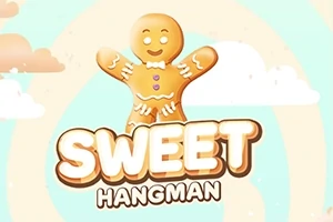 Një biskotë njeriu prej xhenxhefili me dekorime të bardha dhe tre butona shumëngjyrësh mbi fjalët Sweet Hangman në sfondin me re dhe ngjyra pastel