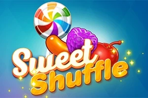Gradient blu me karamele me ngjyra dhe fruta përreth tekstit Sweet Shuffle