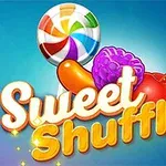 Gradient blu me karamele me ngjyra dhe fruta përreth tekstit Sweet Shuffle