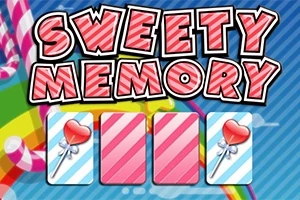 Grafika me tekstin Sweety Memory ngjyrë të kuqe me tre karta me zemra karamele sipër një sfondi me shirita ngjyrë blu