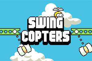 Një sfond blu me re të bardha, fjalët SWING COPTERS në qendër dhe një personazh vizatimor me helikë në kokë