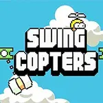 Një sfond blu me re të bardha, fjalët SWING COPTERS në qendër dhe një personazh vizatimor me helikë në kokë