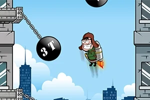 Njeri me një jetpack fluturon mes ndërtesave dhe topave të mëdhenj metalikë lëvizëse në një sfond urban
