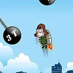 Njeri me një jetpack fluturon mes ndërtesave dhe topave të mëdhenj metalikë lëvizëse në një sfond urban