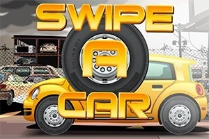 Një makinë e verdhë e stilizuar me rrota të mëdha përpara një gardhi teli, me tekstin Swipe A Car në pjesën e sipërme