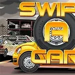 Një makinë e verdhë e stilizuar me rrota të mëdha përpara një gardhi teli, me tekstin Swipe A Car në pjesën e sipërme