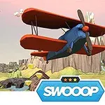 Avion lodër dyflatësh me ngjyra ndritshme fluturon mbi një peizazh malinor me re stilizuar në sfond