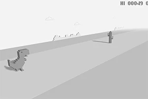 Dinozaur i vogël grafik 2D që vrapon në një mjedis të shkretëtirës me kaktuse dhe re në sfond