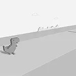 Dinozaur i vogël grafik 2D që vrapon në një mjedis të shkretëtirës me kaktuse dhe re në sfond
