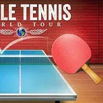Dy raketa ping-pongu dhe një top mbi një tryezë blu me sfond të kuq