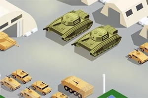 Pamje ajrore e një baze ushtarake me tenda, tanke dhe automjete të blinduara