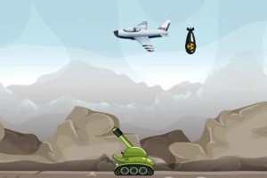 Tank i gjelbër në tokë dhe aeroplan i bardhë që lëshon një bombë nga ajri në sfond malor