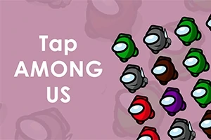 Tekst Tap Among Us dhe figura shumëngjyrëshe të personazheve në një sfond rozë
