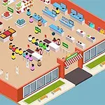 Pamje izometrike e një supermarketi me rafte të mbushura me produkte dhe figura njerëzore brenda