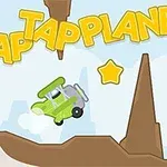 Një avion i vogël jeshil fluturon mes yjeve të verdhë dhe maleve ngjyrë kafe në sfond të kaltër, me tekstin Tap Tap Plane lart