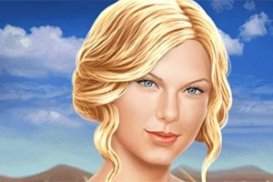 Një portret i një gruaje me flokë biondë në sfond të një qielli me re dhe peizazh malor në distancë
