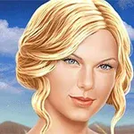Një portret i një gruaje me flokë biondë në sfond të një qielli me re dhe peizazh malor në distancë