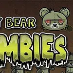 Ari i mbushur në formë zombie me sy të kuq dhe mbishkrimet Teddy Bear Zombies në stil horror