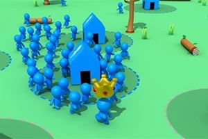Figurina blu të vogla me shtëpi dhe një personazh me kurorë në një ambient lojërash në ngjyrë jeshile