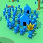 Figurina blu të vogla me shtëpi dhe një personazh me kurorë në një ambient lojërash në ngjyrë jeshile