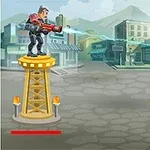 Një figurë e armatosur me kostum hapësinor qëndron mbi një kullë, duke qëlluar me armë lazer në një zonë urbane të braktisur