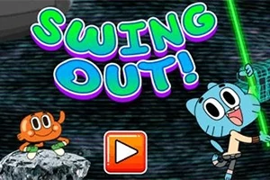 Dy personazhe vizatimorë me një sfond hapësinor dhe titullin Swing Out!