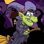 Një shtrigë e gjelbër e veshur me një kapelë dhe rroba të errëta, duke fluturuar mbi fshesë në një peizazh të errët me pemë të zhveshura dhe një hënë të ndritshme në sfond