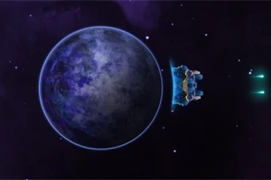Një planet i kaltër me nuanca të purpurta dhe një anije kozmike e vogël ngjyrë blu në hapësirë