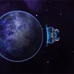 Një planet i kaltër me nuanca të purpurta dhe një anije kozmike e vogël ngjyrë blu në hapësirë