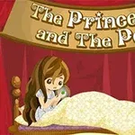 Vajzë me flokë të gjata kafe ulur në krevat me mbulesë të verdhë, duke mbajtur një bizele, me prapavijë skenë të kuqe dhe tekstin The Princess and The Pea lart