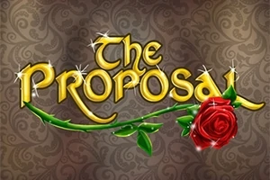 Teksti The Proposal i shkruar me shkronja të arta mbi sfond të errët me motive dekorative, dhe një trëndafil të kuq në anën e poshtme të shkronjave