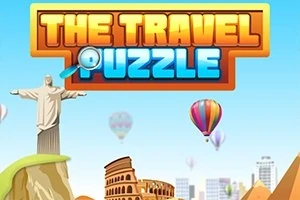 Teksti The Travel Puzzle mbi një sfond me pamje ikonike si Koloseu, Statuja e Krishtit Shpëtimtar dhe balona me ajër të nxehtë