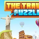 Teksti The Travel Puzzle mbi një sfond me pamje ikonike si Koloseu, Statuja e Krishtit Shpëtimtar dhe balona me ajër të nxehtë