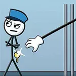Një figurë njeriu vizatimor i veshur si roje me një kapelë blu, duke mbajtur çelësa, ndërsa një dorë tjetër shtrihet përmes shufrave metalike