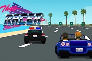 Një makinë sportive blu me dy persona brenda po garon në një rrugë të hapur, me një makinë policie pas tyre dhe palma në sfond