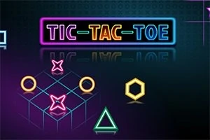 Titulli TIC-TAC-TOE i ndriçuar me ngjyra neoni dhe simbole gjeometrike si rreth, trekëndësh dhe gjashtëkëndësh në një sfond të errët