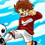 Një personazh vizatimor me veshje futbolli kuqe dhe bardhë që godet topin në qiell të kthjellët