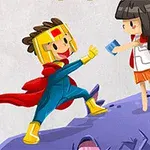 Dy personazhe të animuar me kostume heroike qëndrojnë së bashku në majë të një shkëmbi