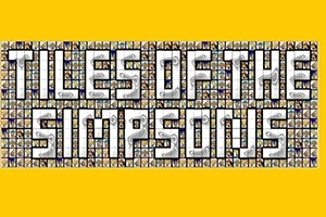 Teksti TILES OF THE SIMPSONS i shkruar mbi një sfond të përbërë nga mozaikë të vegjël me imazhe personazhesh, me një sfond të verdhë