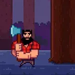 Një person me mjekër, i veshur me këmishë të kuqe dhe duke mbajtur një sëpatë, qëndron pranë një peme në sfond pyjesh me pamje pixel