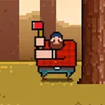 Një njeri me mjekër, i veshur me një këmishë të kuqe flanel, mban një sëpatë pranë një peme të madhe në një ambient me stil piksel