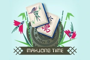 Dy pllaka me motive orientale dhe ilustrime ngjyra mbi një sfond me forma gjeometrike dekorative dhe tekstin Mahjong Time poshtë tyre