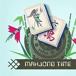 Dy pllaka me motive orientale dhe ilustrime ngjyra mbi një sfond me forma gjeometrike dekorative dhe tekstin Mahjong Time poshtë tyre