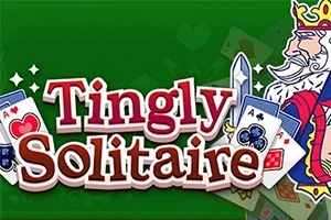 Tekstet Tingly Solitaire mbi një sfond të gjelbër me imazhin e mbretit të letrave dhe karta loje përreth