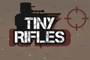 Një siluetë ushtari me kapelë dhe pushkë, me tekstin Tiny Rifles përpara dhe një shënjues objektivi djathtas