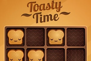 Katrorë tosti me fytyra të qeshura në një sfond me ngjyrë kafe me tekstin Toasty Time lart