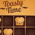 Katrorë tosti me fytyra të qeshura në një sfond me ngjyrë kafe me tekstin Toasty Time lart