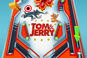 Tom dhe Jerry mbi një tavolinë fliper shumëngjyrëshe me elemente të kuqe dhe shenja të gjelbërta