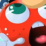 Personazh i kuq me sy të mëdhenj të gjelbër dhe gojë të hapur, me dorë mbi kokë