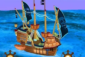 Anije pirate me vela dhe flamuj të zinj në një det blu